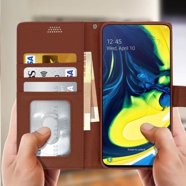 Skal till Samsung Galaxy A80 Folio Fodral Soft Touch Support Video Brun