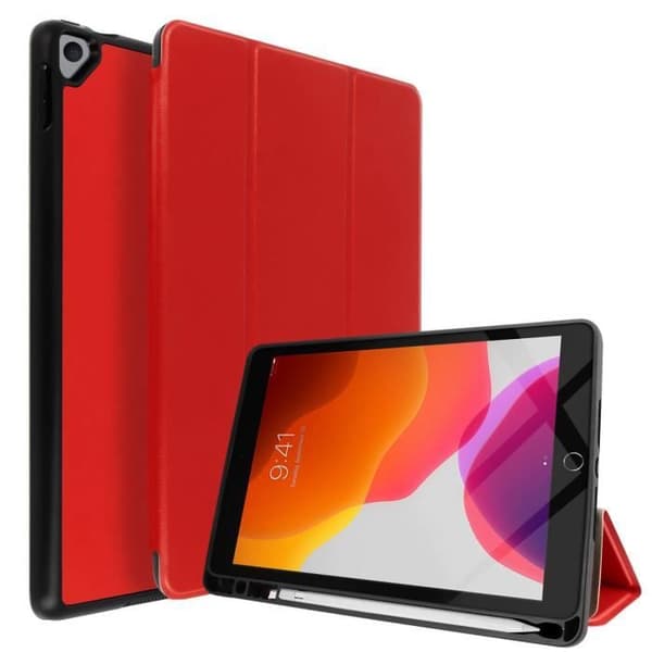 iPad-fodral 2019 10.2 - AVIZAR - Tunn Röd Design - Ekologisk Läder - Videoställ - Inbyggt Tangentbord