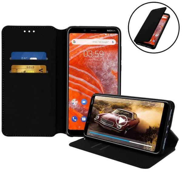 Housse - AVIZAR - Nokia 3.1 Plus - Foliofodral - Ekologisk läder - Ställfunktion - Svart