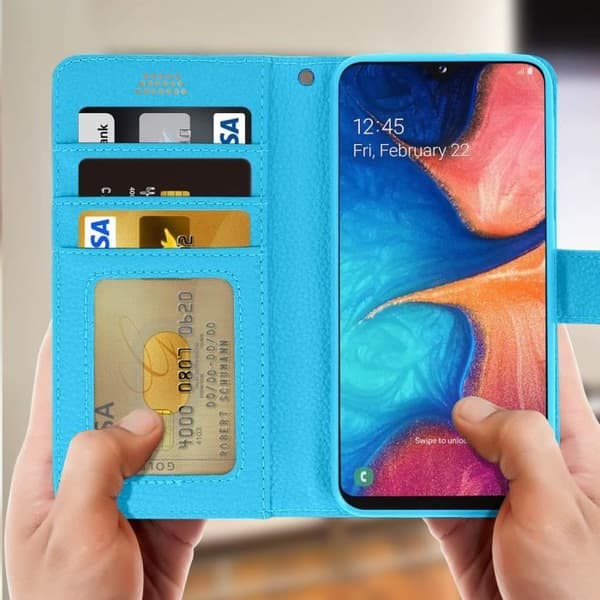 Hölster för Samsung Galaxy A20e - AVIZAR - Fodral Folio Plånbok - Ekoleder - Blå - Videostöd