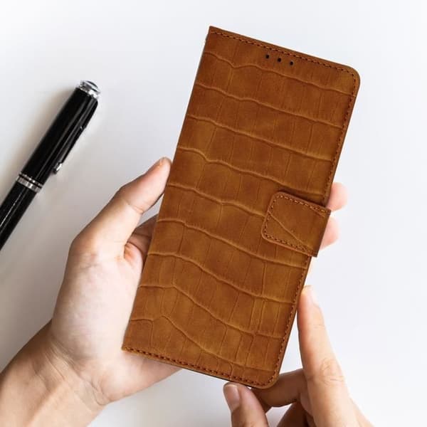 Etui för Samsung Galaxy A22/M32 - AVIZAR - Krokodil Effekt - Plånbok - Videostöd - Bruna
