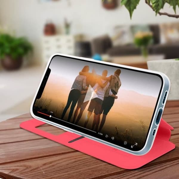 iPhone 12 Pro Max Fodral - AVIZAR - Rött ekologiskt läder - Displayfönster - Videostöd - Korthållare