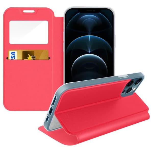iPhone 12 Pro Max Fodral - AVIZAR - Rött ekologiskt läder - Displayfönster - Videostöd - Korthållare