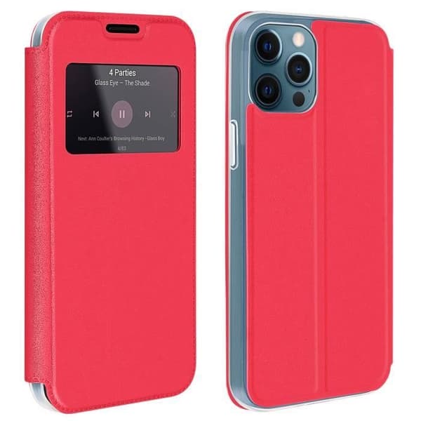 iPhone 12 Pro Max Fodral - AVIZAR - Rött ekologiskt läder - Displayfönster - Videostöd - Korthållare