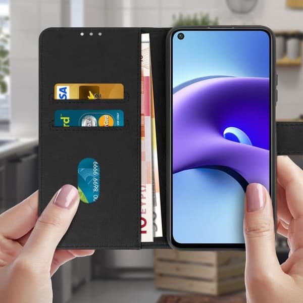 Etui - Xiaomi - Redmi Note 9T 5G - Skydd - Kortfack - Videostöd - Svart