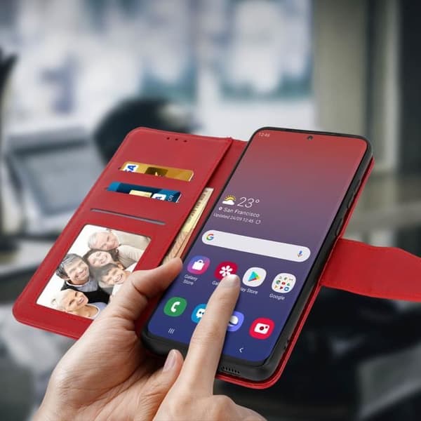 Samsung Galaxy S20 Plus Läderkorthållare Premium Stativ Funktion Röd Röd