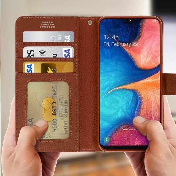 Fodral för Samsung Galaxy A20e - AVIZAR - Ekologisk läderfickas fodral - Videostativ - Brun - Mjuk