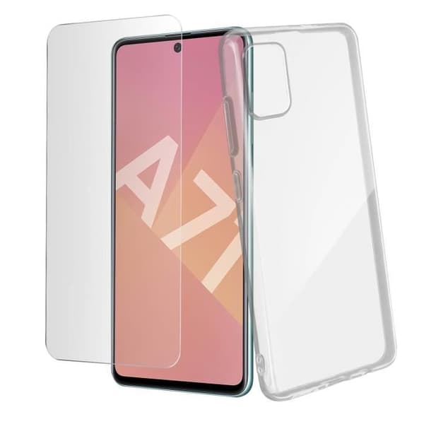 Skyddsskal och film - AVIZAR - Samsung Galaxy A71 - Mjuk silikon - Härdat glas 9H - Transparent