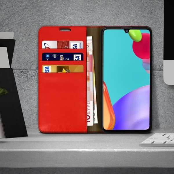 Fodral till Samsung Galaxy A41 - AVIZAR - Folio av äkta läder - Röd - Korthållare och videostöd