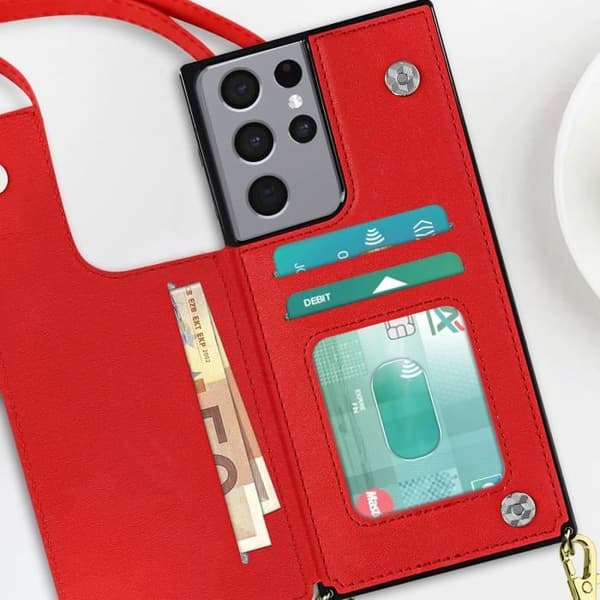 AVIZAR Skyddsfodral till Samsung Galaxy S21 Ultra - Röd - Multifunktion med snodd