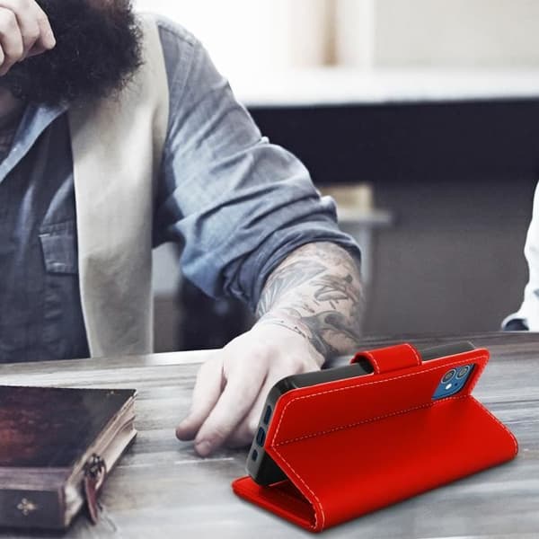 iPhone 12 Mini-fodral - AVIZAR - Röd Folio Plånboksfodral - Ekologiskt läder - Stödfunktion - Mjuk skal