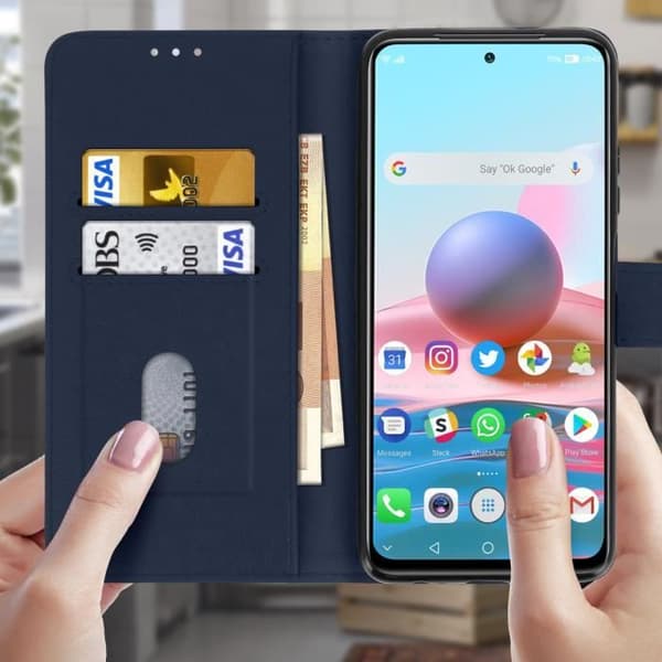 Etui - Xiaomi - Redmi Note 10 / 10s - Skydd - Kortficka - Videostöd - Blå