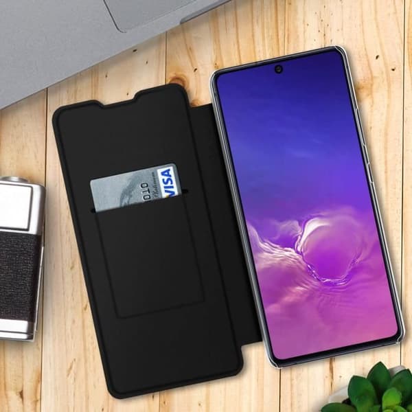 Étui Galaxy S10 Lite - AVIZAR - Ekologiskt läder med textur - Stötskydd - Rep säker - Kortfack Svart