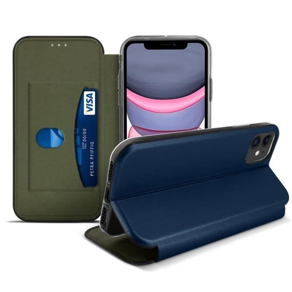 Étui - AVIZAR - iPhone 11 - Ekoskinn Texturerad - Klaff - Kortfack - Ställning Blå
