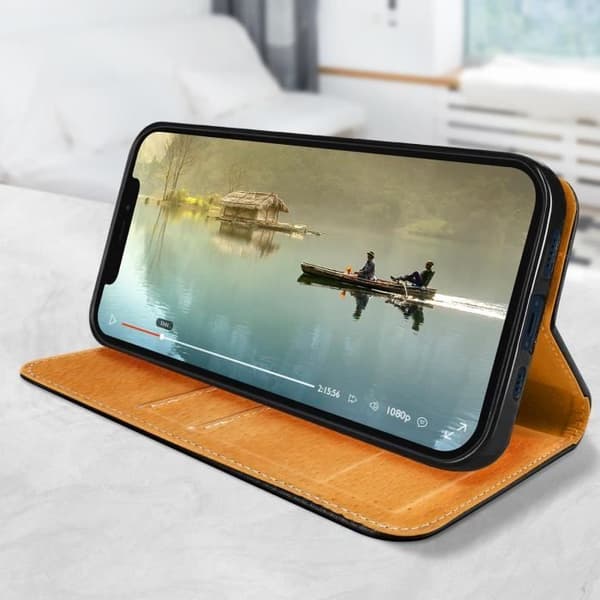 iPhone 12/12 Pro-fodral - Äkta Läder - Videostöd - Kortfack - Svart
