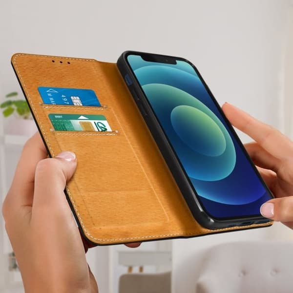 iPhone 12/12 Pro-fodral - Äkta Läder - Videostöd - Kortfack - Svart