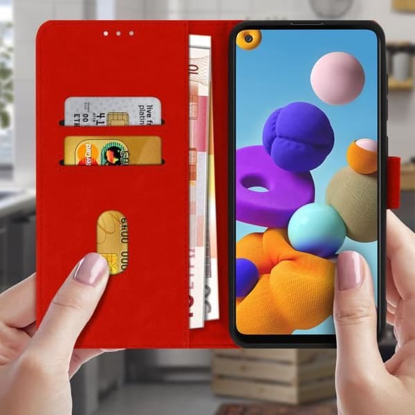 Foliofodral - AVIZAR - Samsung Galaxy A21s - Röd - Kortficka - Videostöd funktion