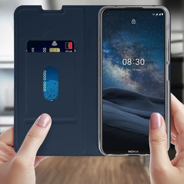 Housse - AVIZAR - Nokia 8.3 5G - Kortfack - Stödfunktion - Ekoleder Satin - Mörkblå