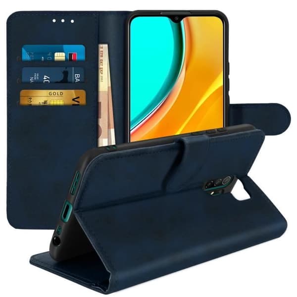 Plånboksfodral - AVIZAR - Xiaomi Redmi 9 - Ekoskinn - Mörkblå - Stöd funktion