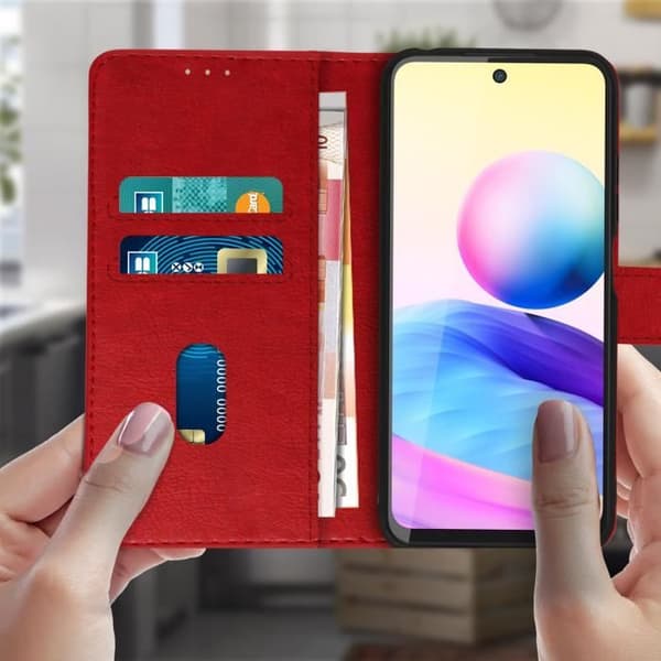 Foliofodral - AVIZAR - Xiaomi Redmi Note 10 5G/Poco M3 Pro - Röd - Ekologiskt läder - Videostöd