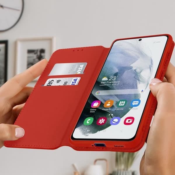 Housse Portefeuille AVIZAR för Samsung Galaxy S21 FE - Röd - Video Stöd Funktion - Fullständigt skydd