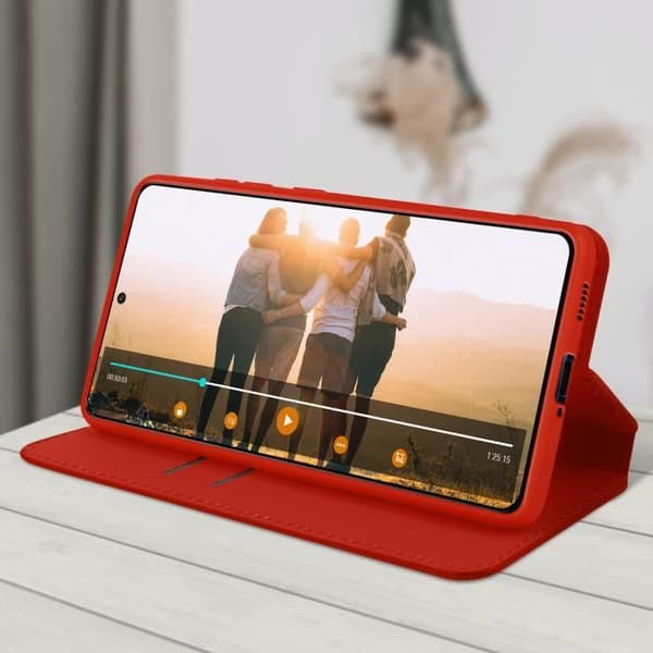 Housse Portefeuille AVIZAR för Samsung Galaxy S21 FE - Röd - Video Stöd Funktion - Fullständigt skydd