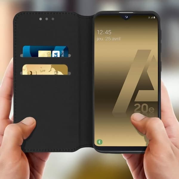 Fodral för Samsung Galaxy A20e - AVIZAR - Foldskt fodral - Ekologisk läder - Videostödsfunktion - Svart