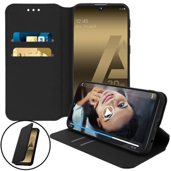 Fodral för Samsung Galaxy A20e - AVIZAR - Foldskt fodral - Ekologisk läder - Videostödsfunktion - Svart