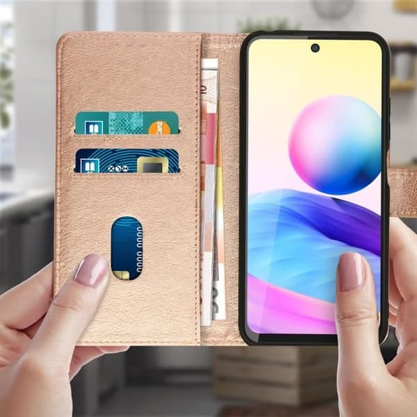 Foliofodral - AVIZAR - Xiaomi Redmi Note 10 5G/Poco M3 Pro - Rosa - Ekologiskt läder med textur - Stödfunktion