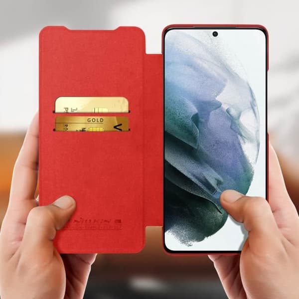 Skal Galaxy S21 Ultra Folio Fodral Korthållare Äkta Läder Qin Nillkin röd Röd