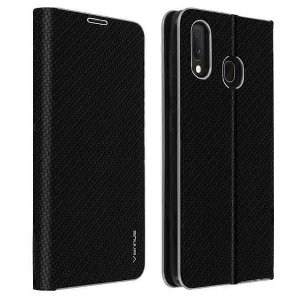 Skal för Samsung Galaxy A20e Fodral Korthållare Videostöd Carbon Effect Svart