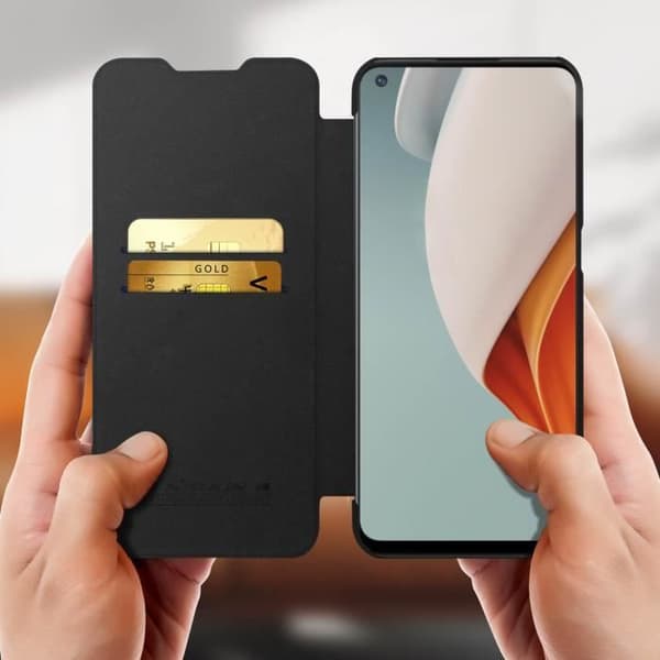 Cover OnePlus Nord N100 Folio Fodral Korthållare Äkta Läder Qin Nillkin svart Svart