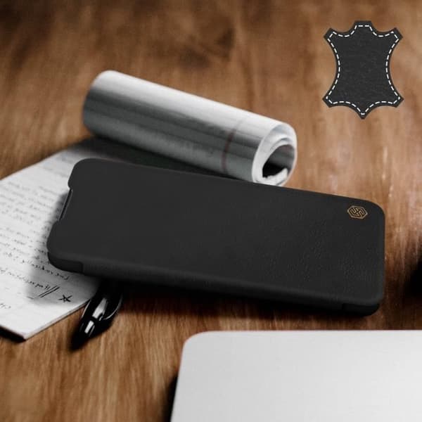 Cover OnePlus Nord N100 Folio Fodral Korthållare Äkta Läder Qin Nillkin svart Svart