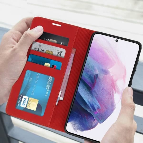 Fodral för Samsung Galaxy S21 Soft-touch Flip Wallet Video Support Röd
