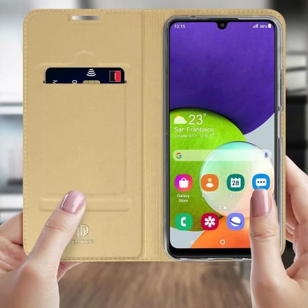 Hållare för Samsung Galaxy A22 - DUX DUCIS - Kortficka - Ekoskinn - Stödfunktion - Guld