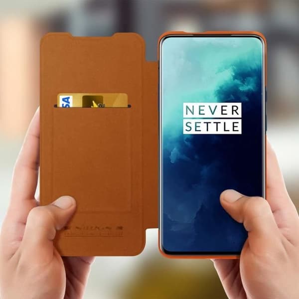 Cover Oneplus 7T Pro Folio Fodral Korthållare Äkta Läder Qin Nillkin brun Brun