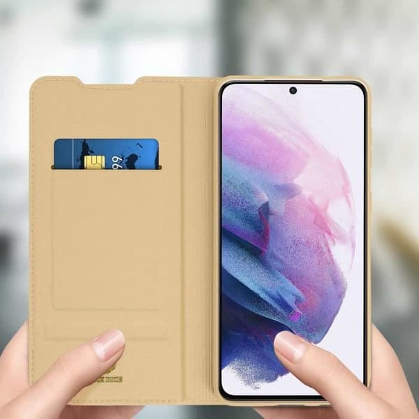 Korthållare - Dux Ducis - Samsung Galaxy S21 Plus - Ekologiskt läder - Videostöd - Guldgult
