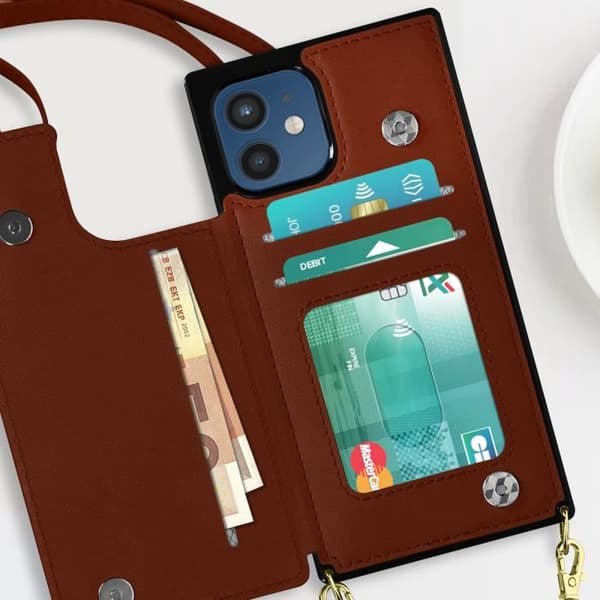 Coque Cordon - Brun - iPhone 12/12 Pro - Multifonction - Lanière Amovible - Porte-cartes Intégré