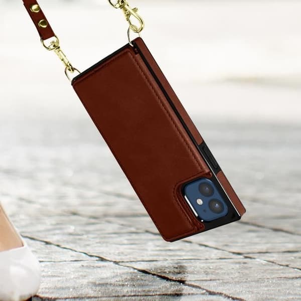 Coque Cordon - Brun - iPhone 12/12 Pro - Multifonction - Lanière Amovible - Porte-cartes Intégré