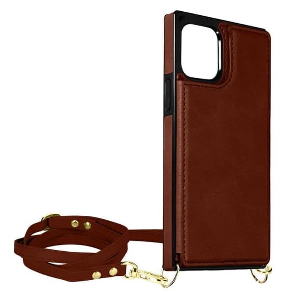 Coque Cordon - Brun - iPhone 12/12 Pro - Multifonction - Lanière Amovible - Porte-cartes Intégré