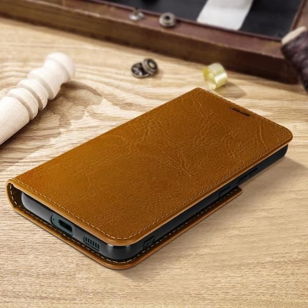 Galaxy S22 Folio Fodral Korthållare i äkta läder Videostöd - AVIZAR - kamel - Stel - Brun - Unisex