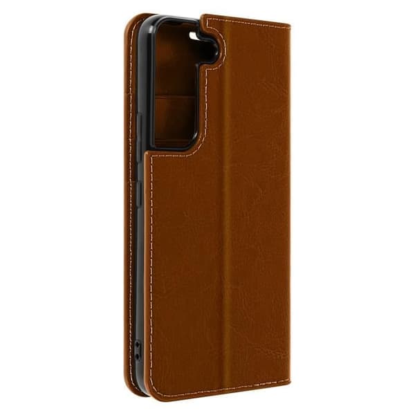Galaxy S22 Folio Fodral Korthållare i äkta läder Videostöd - AVIZAR - kamel - Stel - Brun - Unisex