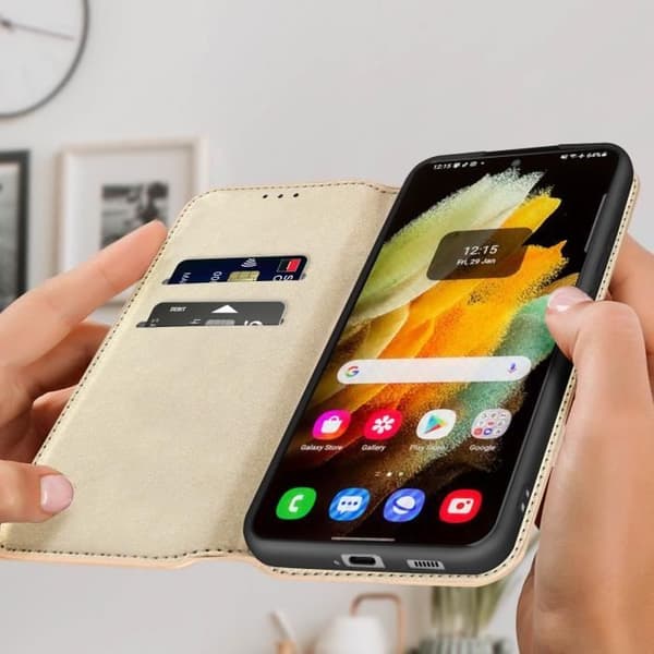 Plånboksfodral - Samsung - Galaxy S22 Plus - Guldgul - Syntetiskt läder - Videostöd