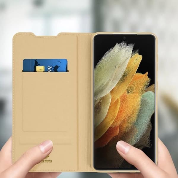 Fodral för Samsung Galaxy S21 Ultra - DUX DUCIS - Ekologiskt läder - Gul - Kortfack - Videostöd