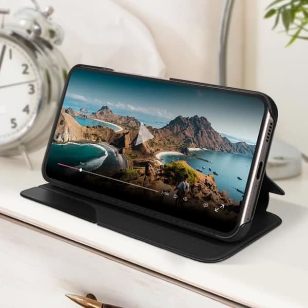 Etui - AVIZAR - Samsung Galaxy S22 - Fönster för tidsvisning - Videostöd - Svart
