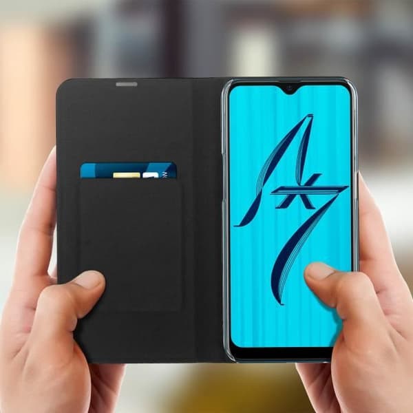 Oppo AX7 fodral - BIGBEN - Korsformad effekt - Korthållare - Stativfunktion - Svart eko-läder