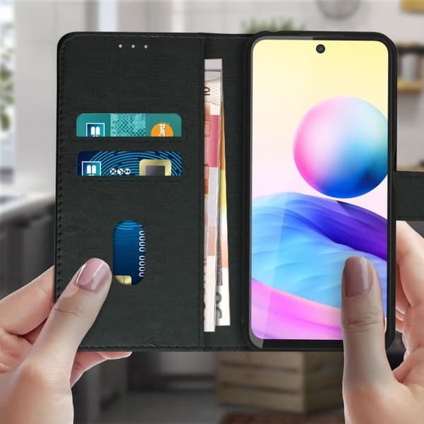 Foliofodral - AVIZAR - Xiaomi Redmi Note 10 5G/Poco M3 Pro - Ekologisk läder med textur - Svart - Videostöd
