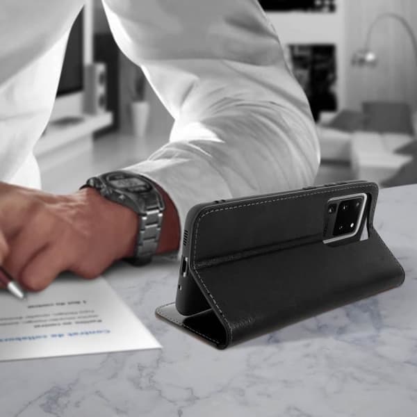 Folio-etui - AVIZAR - Galaxy S20 Ultra - Äkta läder - Videostöd - Kortfack