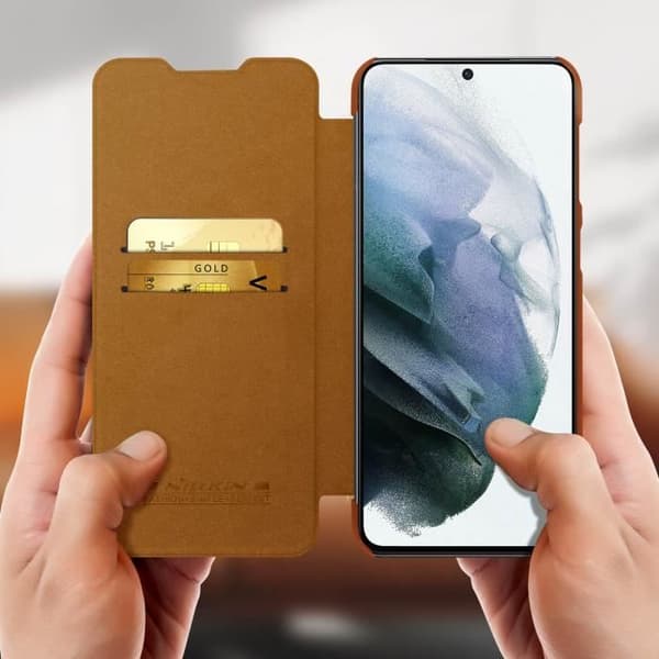 Galaxy S21 Plus Folio Cover Korthållare Äkta Läder Qin Nillkin Brun Brun