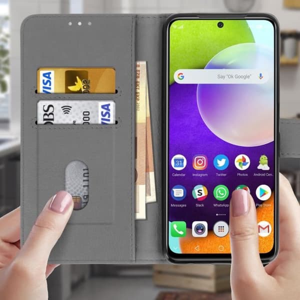 Etui för Samsung Galaxy A52 - Chersterfield - Grå - Skydd - Kortfack - Videostöd